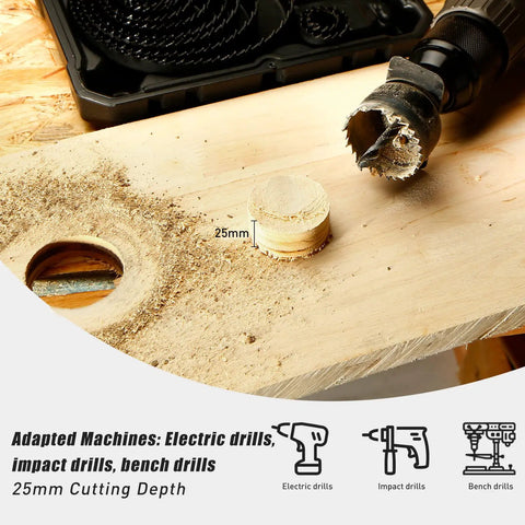 Badass 19 Piece Hole Saw Kit packs heavy duty carbon steel blades shown cutting 25mm holes in wood with electric drill.