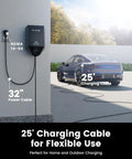 Level 2 EV Charger With 40A NEMA 14-50 Plug Wi Fi Enabled Active Load Management showing 25' charging cable connected to car