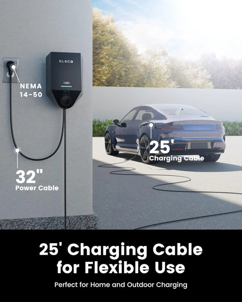 Level 2 EV Charger With 40A NEMA 14-50 Plug Wi Fi Enabled Active Load Management showing 25' charging cable connected to car