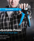 Man holding Premium Hand Caulk Gun With 24 To 1 Adjustable Thrust Ratio Dripless Caulking Tool, blue handle, close-up view.