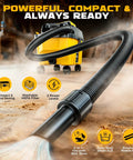 Cordless 2.5 Gallon Wet Dry Shop Vacuum with 15KPa Suction shown in use, highlighting large extended reach hose, in a workshop setting.