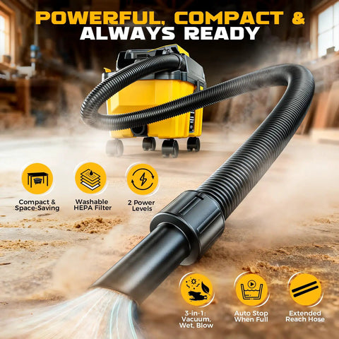 Cordless 2.5 Gallon Wet Dry Shop Vacuum with 15KPa Suction shown in use, highlighting large extended reach hose, in a workshop setting.