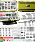All In One Fishing Accessories Kit With Tackle Box 255 Piece Set Includes Hooks Jig Heads Sinkers Weights Swivels Snaps Bobbers And Leaders For Bass Trout Panfish And Walleye Freshwater Anglers, open box displaying contents.