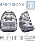 Hanging Egg Chair Indoor Outdoor Without Stand With Cushion Gray For Patio Backyard Balcony Porch Bedroom Tree Or Ceiling Mount Holds Up To 350 Lbs Foldable And Portable, shown with dimensions and installation hardware.