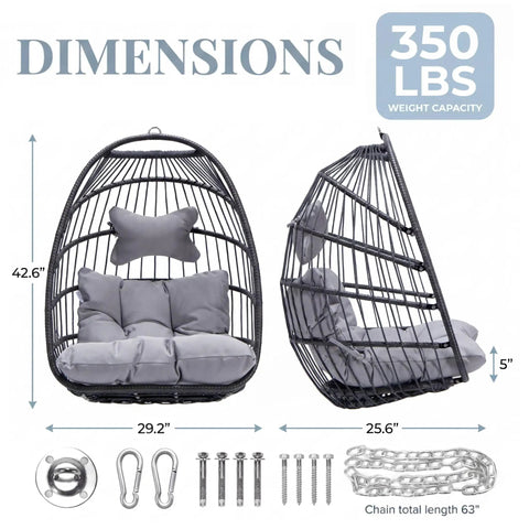 Hanging Egg Chair Indoor Outdoor Without Stand With Cushion Gray For Patio Backyard Balcony Porch Bedroom Tree Or Ceiling Mount Holds Up To 350 Lbs Foldable And Portable, shown with dimensions and installation hardware.