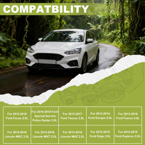 Compatibility chart with 2013-2018 Ford Focus 2.0L and Lincoln models alongside white car on a forest road.