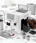 No Hassle Super Automatic Espresso Maker With Built In Grinder And Creamy Milk Frother, showing parts like control panel and milk system.