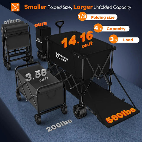 Double Deck Folding Wagon With 54 Inch Tailgate And 560 Lb Capacity, Heavy Duty All Terrain Beach Cart showcased in three sizes