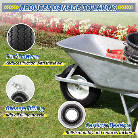 Flat Free Tire And Wheel 4.10 3.50 6 Size For Wheelbarrow And Hand Truck, 12 Inch Diameter Featuring Turf Pattern and Cast Iron Bearings