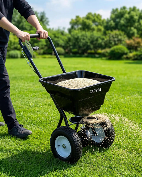Person using 80 Lb Capacity Push Broadcast Spreader With 12 Ft Spread Width And 13 In All Terrain Wheels Adjustable Flow Control Heavy Duty Walk Behind Lawn Spreader For Fertilizer Grass Seed Ice Melt And Salt on grass