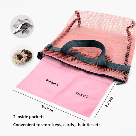 Mesh Shower Caddy Bag With Zipper Portable Hanging Toiletry Organizer with two inside pockets, size 9.4 x 6.3 inches, pink.
