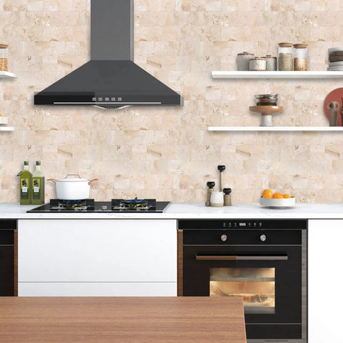 Modern kitchen with Peel And Stick Backsplash Tile Kit For Kitchen And Bathroom, Real Stone Texture, 12x12 Inches, Glowing Hues Finish.