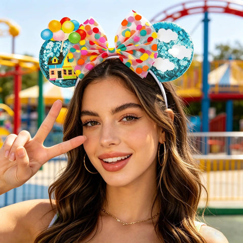 Blue Balloon Hut Sequin Ears Headband With Cloud Confetti Bow And Balloon House Charms Fun Plush Mouse Ear Accessory For Adults And All Your Outings Cute Day Trip Party Wear For All Day Adventures worn by a smiling woman