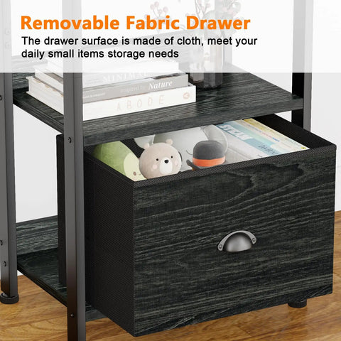 Close-up of the fabric drawer on the 5 Tier Bookshelf With Drawer And Industrial Style Bakers Rack In Black