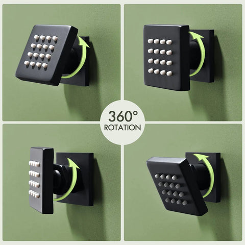 Matte Black Square Shower Body Jets Set 4 Pieces With 16 Nozzles, High-Volume Hydrotherapy Massage, Wall Mount, 360° Rotation Display