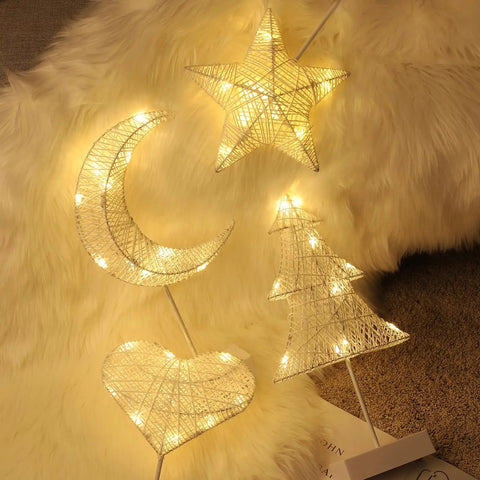 Heart Shaped Led Desk Lamp With Cotton Thread Glow, Battery Powered Night Light For Bedroom, moon, star, and tree decor
