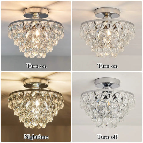 Crystal Chandelier Ceiling Light Semi Flush Mount With E26 Base In Silver Chrome Finish Dope Sparkling Crystal Fixture