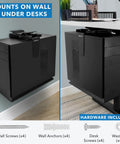 Heavy Duty Under Desk Computer Tower Holder With Slick Swivel Design And Generous Adjustable Fit To Keep Your Badass Gaming Rig Dust Free And Your Workspace Looking Sharp, shown in wall and under desk mounts.