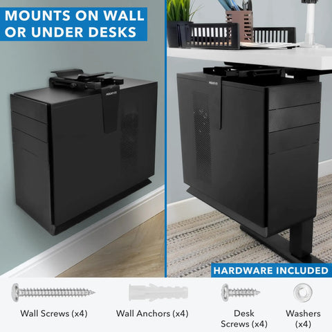 Heavy Duty Under Desk Computer Tower Holder With Slick Swivel Design And Generous Adjustable Fit To Keep Your Badass Gaming Rig Dust Free And Your Workspace Looking Sharp, shown in wall and under desk mounts.