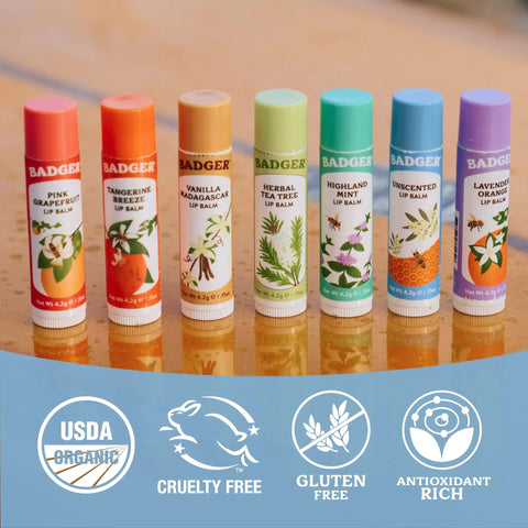Must Have Organic Lip Balm Gift Set Four Flavor Pack Featuring Tangerine Lavender Orange Vanilla Grapefruit tubes on table
