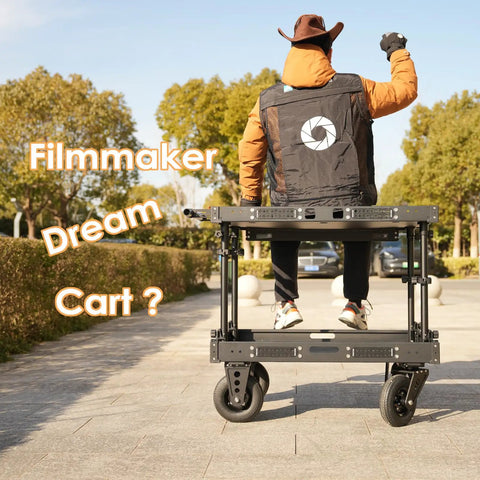 Heavy Duty Video Production Camera Cart Workstation For Filmmakers And Directors Smooth Rolling Studio Gear Stand with black finish outdoors.
