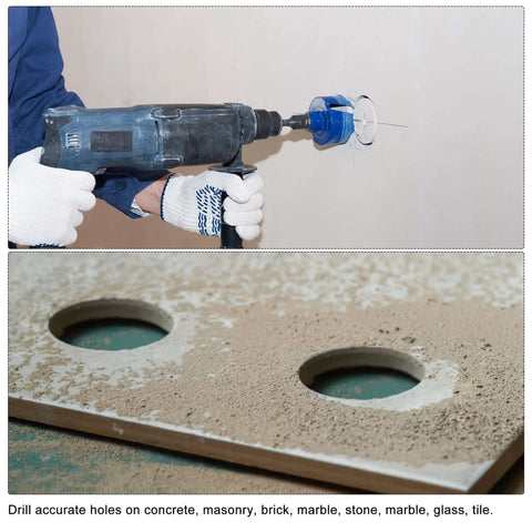 Side view of 14mm sintered diamond core drill bit mounted on an angle grinder drilling into masonry.

Close-up of 14mm diamond core holes drilled in concrete/masonry board with circular cutouts.