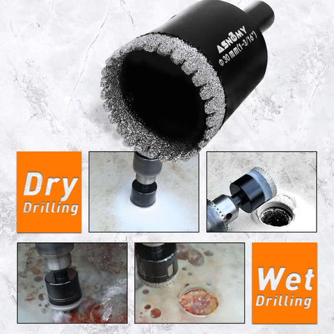 ASNOMY 10-piece diamond hole saw set, black serrated edges, includes tile drill guide jig; dry/wet drilling collage