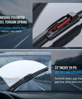 Top Shelf All Season Windshield Wiper Blades Two Pack 22 Inch, showing steel tension spring and water clearing on windshield.