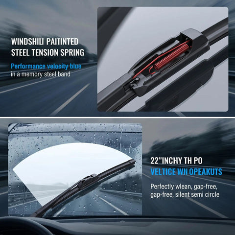 Top Shelf All Season Windshield Wiper Blades Two Pack 22 Inch, showing steel tension spring and water clearing on windshield.