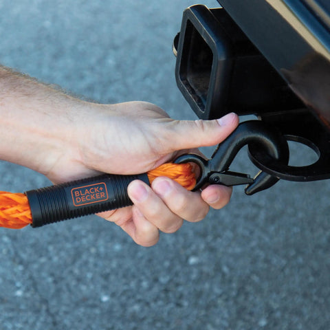 Hand securing Heavy Duty 14 Foot Tow Rope With Easy Grip Handles And Steel G-Clip Hooks, 4500 Lb Break Strength to vehicle