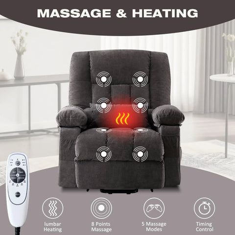 Power Lift Recliner With Massage And Heat For Seniors in grey, electric lift chair with lumbar heating and remote control in living room.