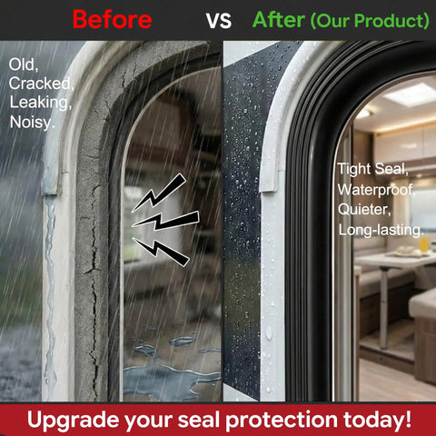 Before and after of EPDM Rubber D Shaped Weather Stripping 26Ft RV Door Seal With Strong Self Adhesive showing improved seal.