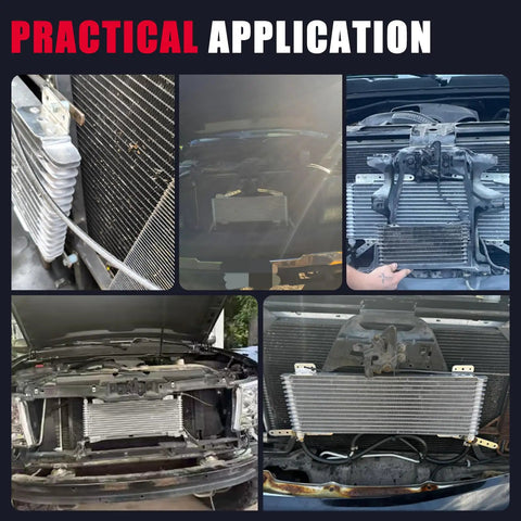 Beefed-Up 40K Transmission Oil Cooler Kit With Low Pressure Drop, Includes Mounting Hardware, practical application collage