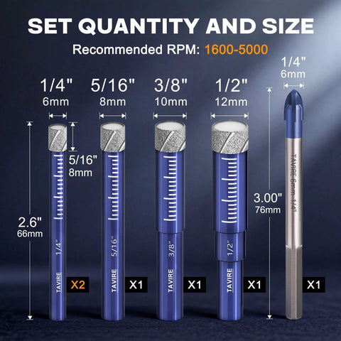 Six-Piece Dry Diamond Drill Bit Set for Porcelain, Tile, Ceramic, Glass, Granite, Concrete and Stone display with measurements