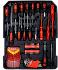 899 Piece Tool Set With Rolling Four Drawer Toolbox For Homeowners And Pros Pro Grade Durable Tools For Home Improvement General Repair Kit In Silver Aluminum Case With Chrome Vanadium Hand Tools For Heavy Duty Projects; close-up of assorted screwdrivers, bits, and Allen wrenches in tray.