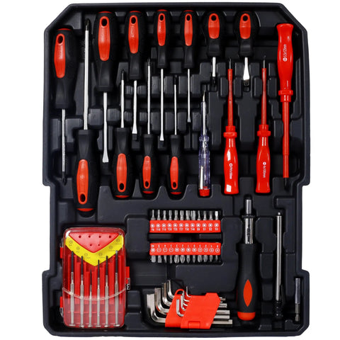 969 Piece Hand Tool Kit With 4 Drawer Rolling Toolbox Storage Case showing organized screwdrivers and bits.