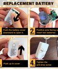 Instruction steps to replace batteries in Six Pack Battery Operated Fairy Lights With Remote And Timer, showing casing and switch.