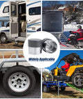 Collage featuring Stainless Steel Trailer Wheel Bearing Protector With Dust Cover Caps 1.98 Inches in use on RVs, trailers, and more.