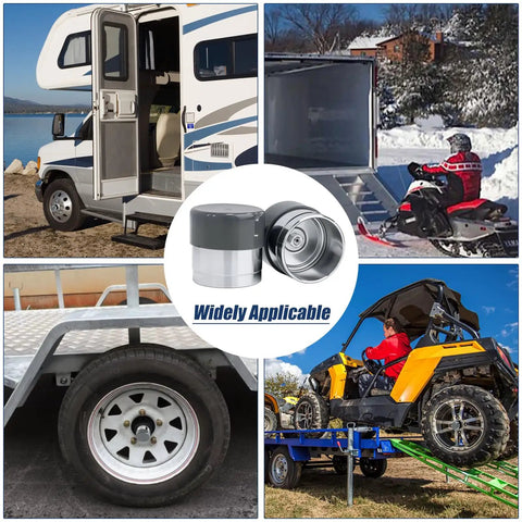 Collage featuring Stainless Steel Trailer Wheel Bearing Protector With Dust Cover Caps 1.98 Inches in use on RVs, trailers, and more.