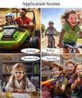 Kids Safety Goggles Anti Fog Wide Vision Lab Glasses Protective Eye Gear for Ages 3 to 19 and Adults; kids using goggles in various activities like karting, biking, science lab, and toy gun play