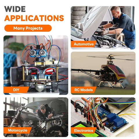 Wide applications of 5-In-1 Wire Crimping Tool Ratcheting Crimper for DIY, automotive, motorcycles, RC models, and electronics.