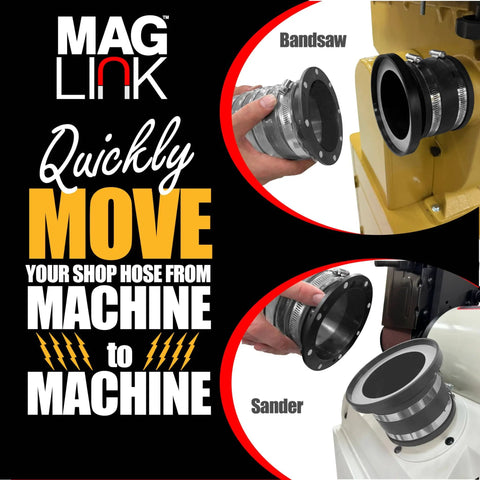 Image of Magnetic Dust Collection Fittings Starter Kit for 4 Inch Hose connected to bandsaw and sander with quick-connect system.