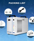 Heavy Duty Workhorse Water Chiller Featuring Seven Liter Tank And Point Nine Horsepower Pump Delivering Bulletproof Five Thousand Six Hundred Ninety Nine BTU Per Hour Cooling For Up To One Fifty Watt Co2 Laser Machines with included accessories.