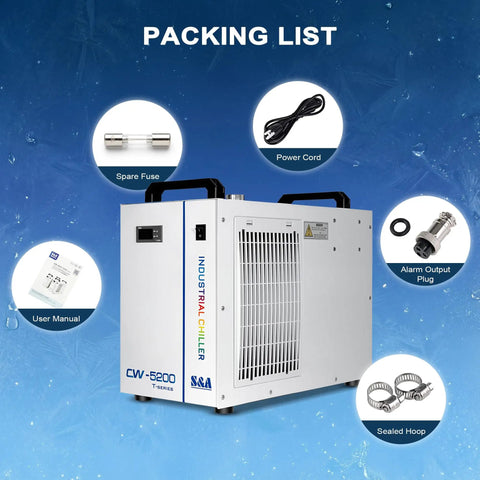 Heavy Duty Workhorse Water Chiller Featuring Seven Liter Tank And Point Nine Horsepower Pump Delivering Bulletproof Five Thousand Six Hundred Ninety Nine BTU Per Hour Cooling For Up To One Fifty Watt Co2 Laser Machines with included accessories.