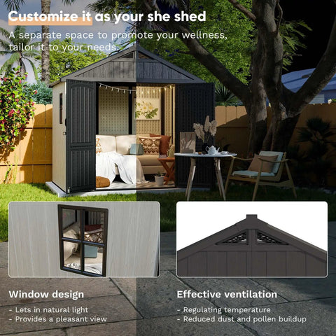 Outdoor setup showing 8x6 Ft Plastic Outdoor Storage Shed With Floor Lockable Door And Window Beige Resin Backyard Shed for garden use.