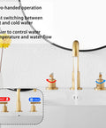 360 Degree Swivel Spout 8 Inch Widespread Two Handle Bathroom Faucet In Antique Brass With Pop Up Drain Deck Mounted Setup Cold And Hot Water Mixing 1.19 GPM Flow displayed in bathroom sink