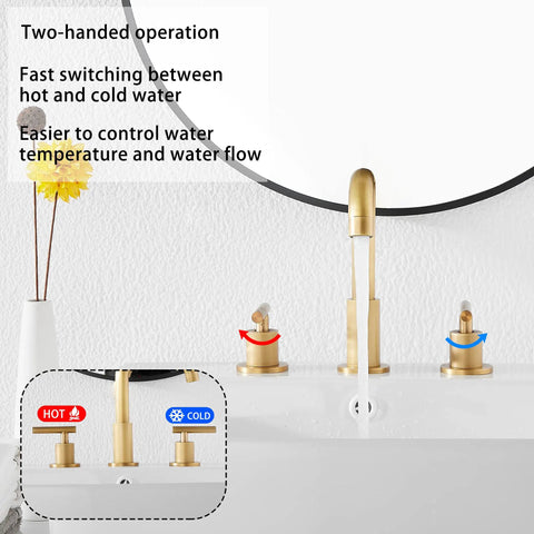 360 Degree Swivel Spout 8 Inch Widespread Two Handle Bathroom Faucet In Antique Brass With Pop Up Drain Deck Mounted Setup Cold And Hot Water Mixing 1.19 GPM Flow displayed in bathroom sink