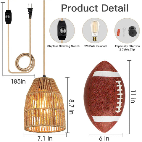 Hand Woven Hemp Rope Pendant Light With 15 Foot Golden Cord And Stepless Dimmer Switch brings cozy 360 glow above measured football.