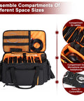 Interior view of Pro DJ Gear Bag with 8 detachable dividers, cable and microphone compartments, and 15.6 inch laptop sleeve visible.