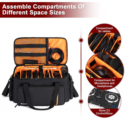 Interior view of Pro DJ Gear Bag with 8 detachable dividers, cable and microphone compartments, and 15.6 inch laptop sleeve visible.